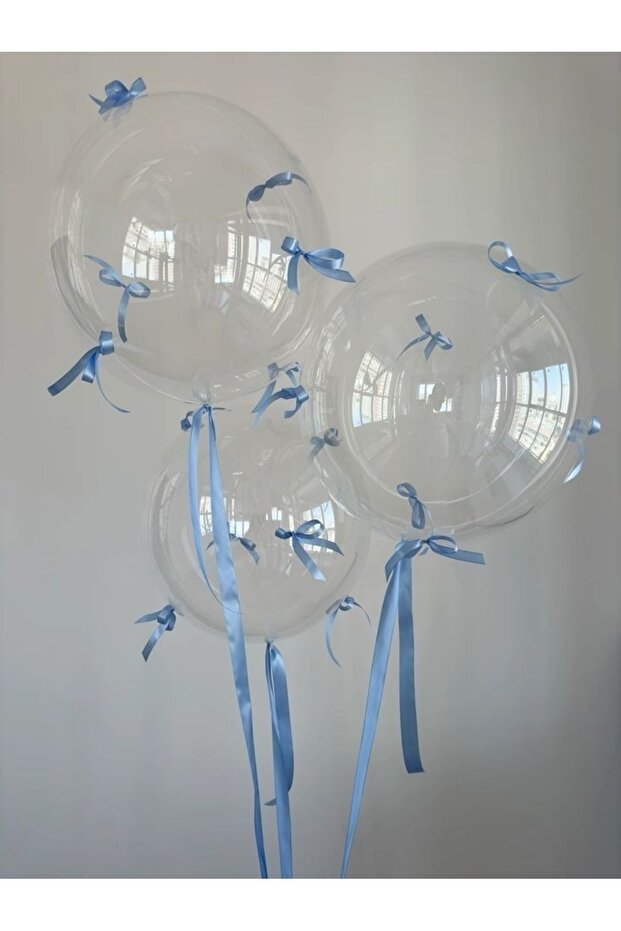 Transparent Bobo Balloon with Blue Bow 3 Pieces 24 Inches