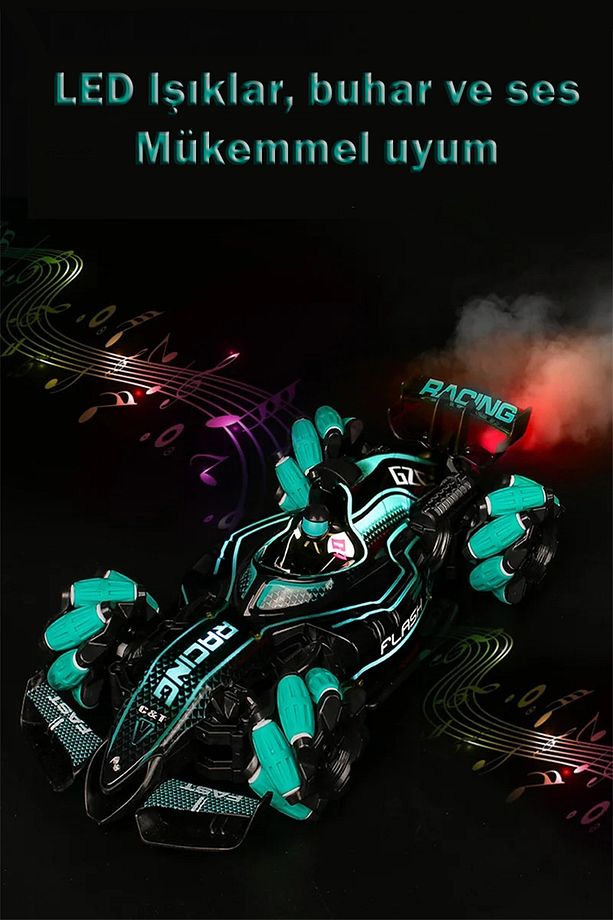 Light Spray Racing Car 2.4ghz Arkası Işık Ve Buhar Efektli Uzaktan Kumandalı Yarış Arabası 36cm Sarı - 5