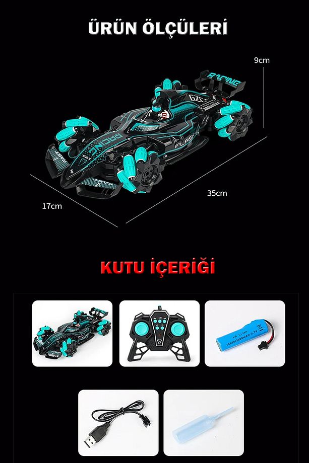 Light Spray Racing Car 2.4ghz Arkası Işık Ve Buhar Efektli Uzaktan Kumandalı Yarış Arabası 36cm Sarı - 3