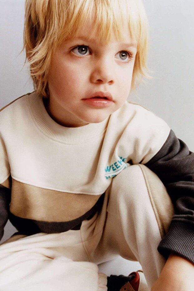 Boy's Block Patterned Brown Pocket Cotton Sweatshirt Tracksuit Top-Under Set