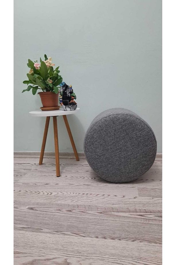 Ahşap Ayaklı Keten Gri Yuvarlak Puf&bench Koltuk/tabure - 3