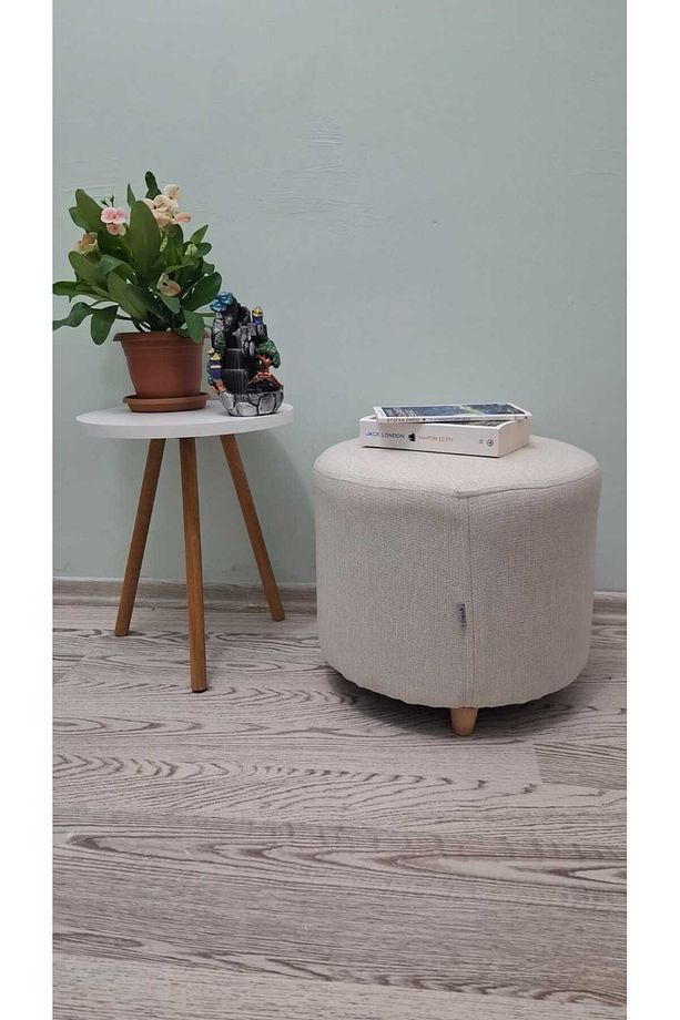 Ahşap Ayaklı Keten Krem Kumaş Yuvarlak Puf&bench Koltuk/tabure - 1