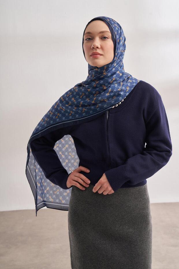 Vual Monogram Pattern Shawl 3361-Jeans Blue - 3