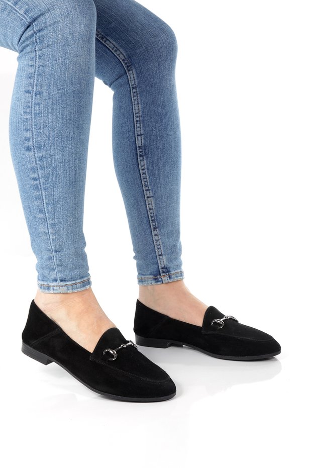 Women's Black Suede Genuine Leather Round Toe Buckle Daily Ballerinas Un001-043