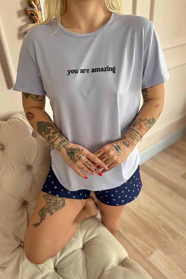 Lila You Are Amazing Desenli Kısa Kollu Şortlu Örme Kadın Pijama Takımı - 5