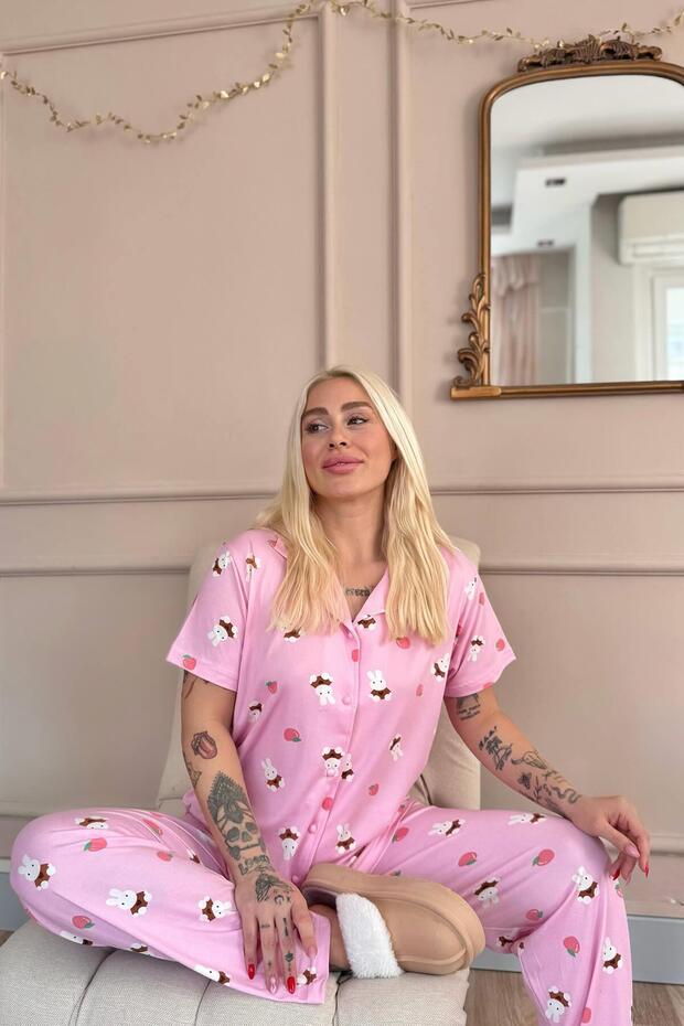 Light Pink Rabbit Patterned Bamboo Front Buttoned Short Sleeve Pajama Set - 2