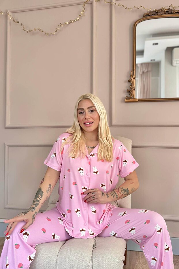 Light Pink Rabbit Patterned Bamboo Front Buttoned Short Sleeve Pajama Set - 4