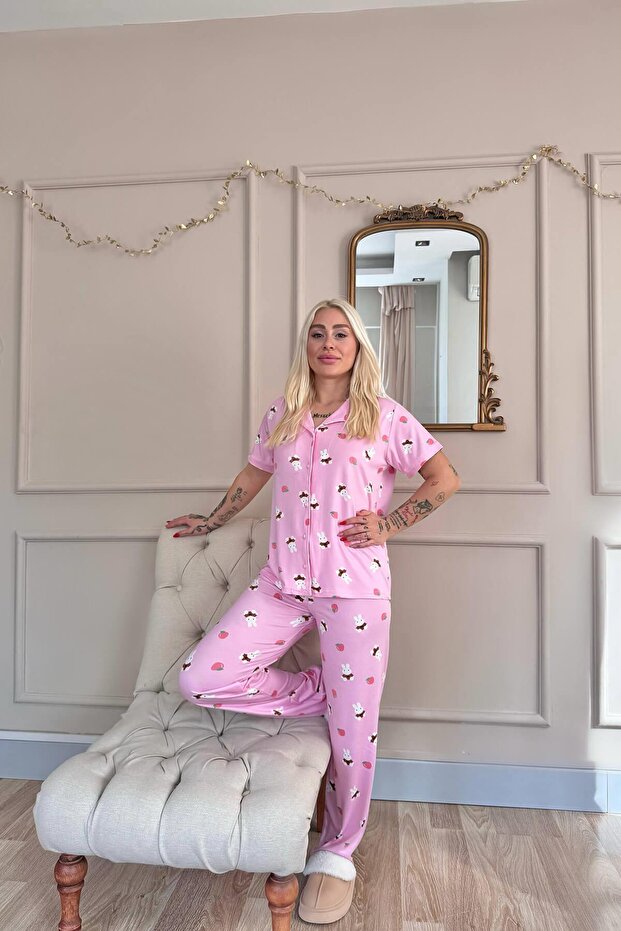 Light Pink Rabbit Patterned Bamboo Front Buttoned Short Sleeve Pajama Set - 6