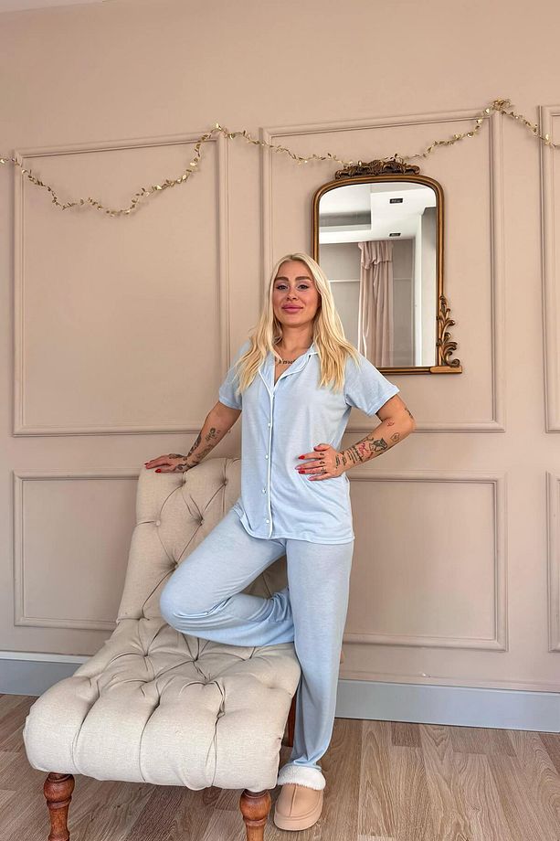 Mavi Sofistic Önden Düğmeli Kısa Kol Kadın Pijama Takımı - 7