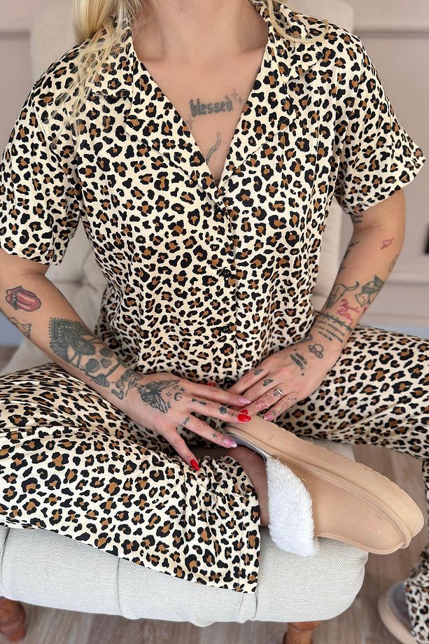 Kahve Leo Desenli Bambu Önden Düğmeli Kısa Kol Pijama Takımı - 6
