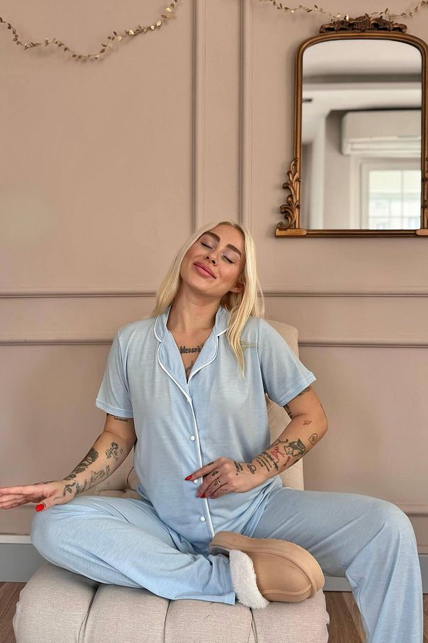 Mavi Sofistic Önden Düğmeli Kısa Kol Kadın Pijama Takımı - 5