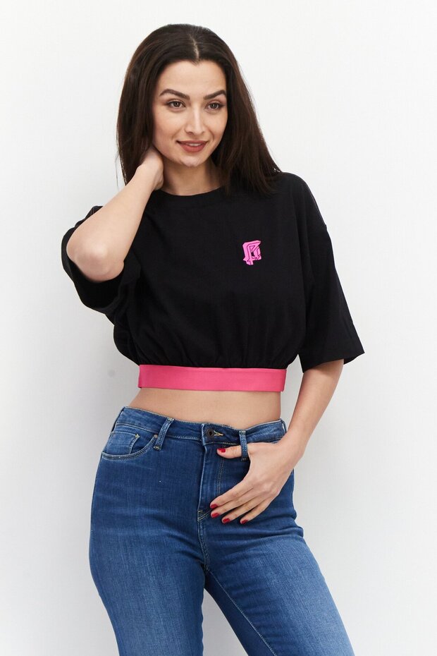 Women Round Neck Short Sleeve Graphic Printed T-Shirt, Black