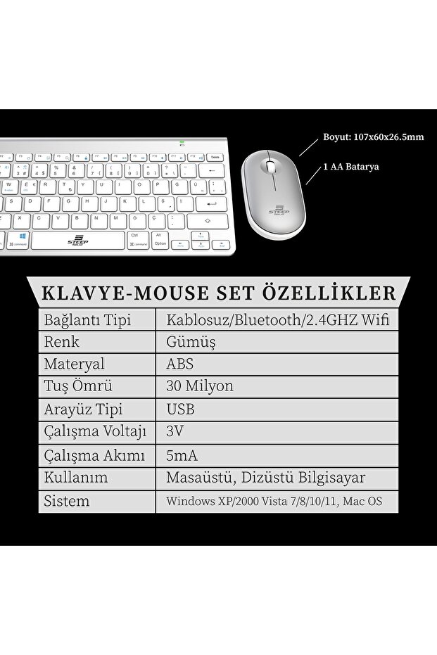 ST-078 2.4Ghz Wi-Fi Klavye - Mouse Set (Gümüş TR) - 3