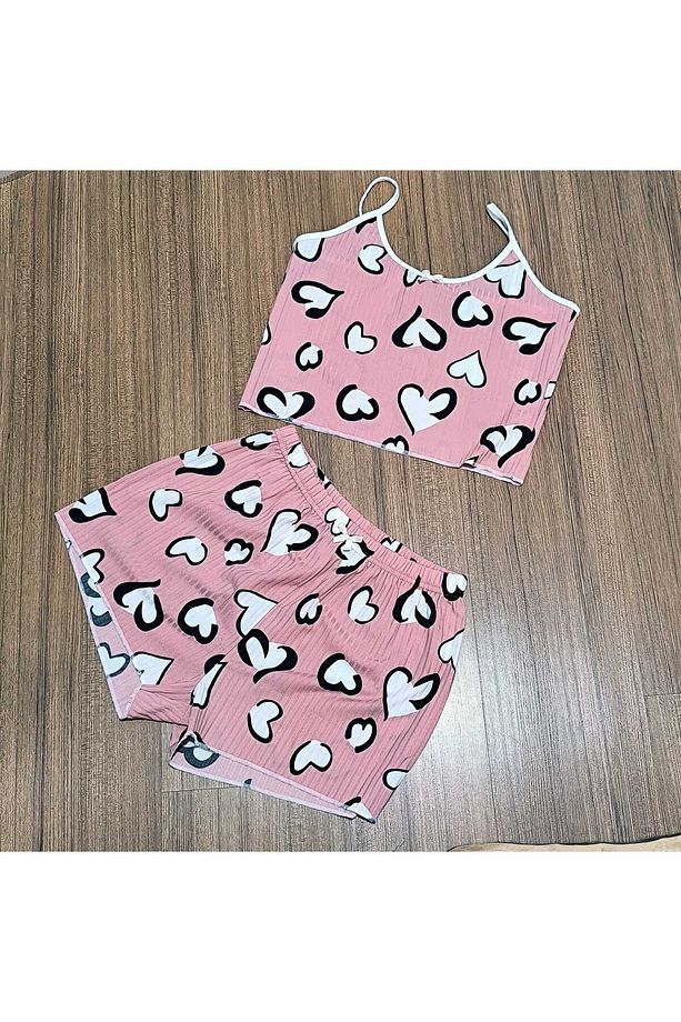 kalp desenli atlet ve şort pijama takımı fuşya takım - 2