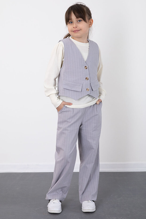 Gray Stripe Patterned Vest and Wide Leg Trousers Girl's Badi 3 Piece Set 20494