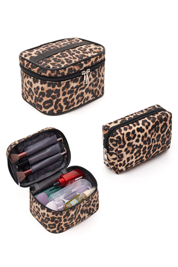 Practical 2-Pack Makeup Organizer Stylish Travel Makeup Bag Set Multi-Functional Cosmetic Bag Leopard