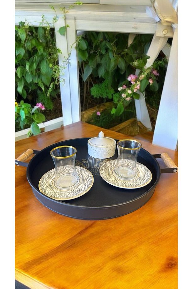 2'Li Ahşap Saplı Siyah Metal Yuvarlak Oval Tepsi Seti - Kahvaltı Sunum Tepsisi Set - 2