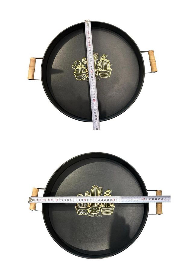 2'Li Ahşap Saplı Siyah Metal Yuvarlak Oval Tepsi Seti - Kahvaltı Sunum Tepsisi Set - 6