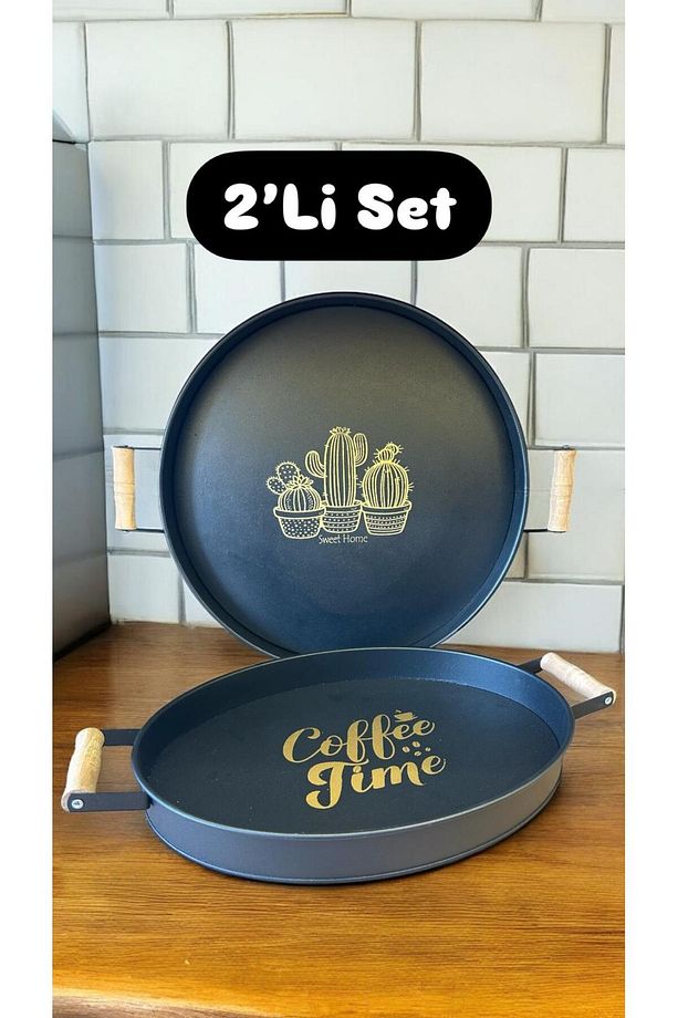 2'Li Ahşap Saplı Siyah Metal Yuvarlak Oval Tepsi Seti - Kahvaltı Sunum Tepsisi Set - 1