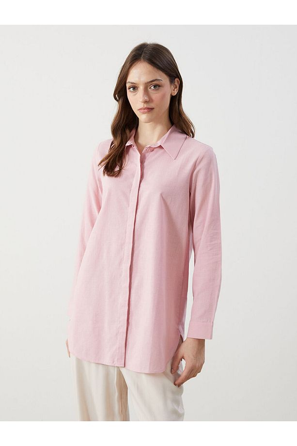 LCW Modest Pembe Gömlek Yaka Düz Gizli Düğmeli Kadın Tunik - 1