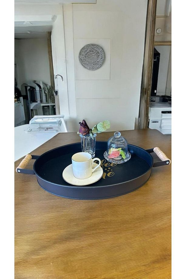 2'Li Ahşap Saplı Siyah Metal Yuvarlak Oval Tepsi Seti - Kahvaltı Sunum Tepsisi Set - 3