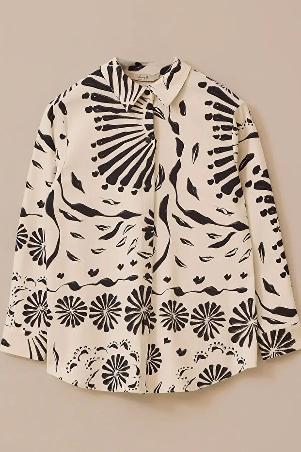 Shirt - Patterned Buttoned Jacket, White - 4