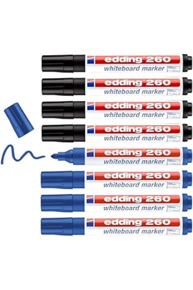 Edding 260 Whiteboard Marker - Black, Blue - Set of 8 - Round Tip 1.5-3 mm