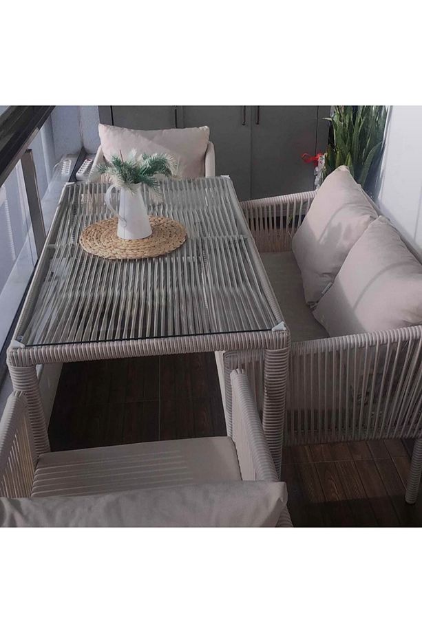 Berlin 2+1+1 Rattan Bahçe Balkon Yemek Takımı Kum - 7