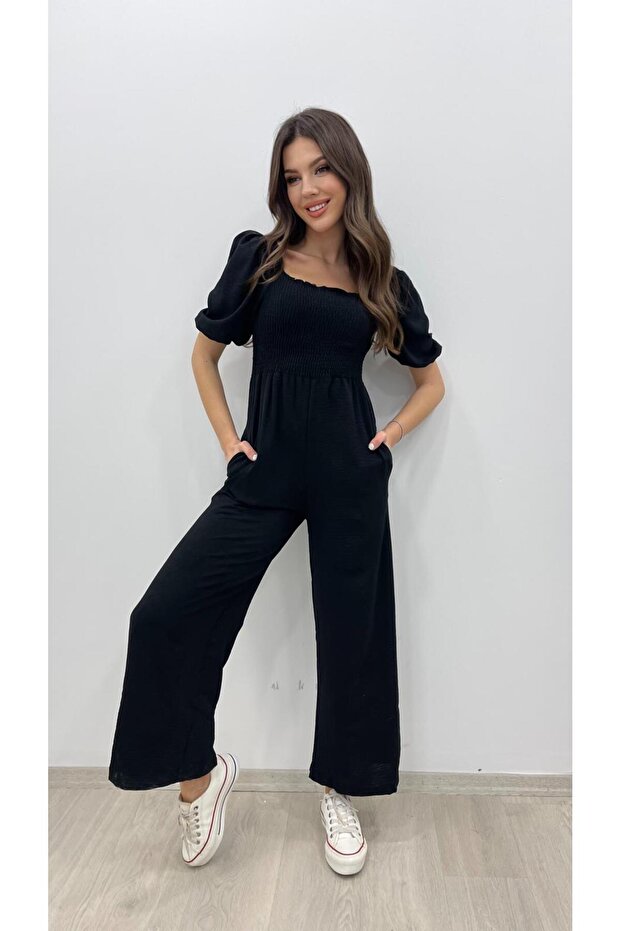 Women's Square Neck Front Back Gimped Balloon Sleeve Airobin Short Sleeve Long Jumpsuit