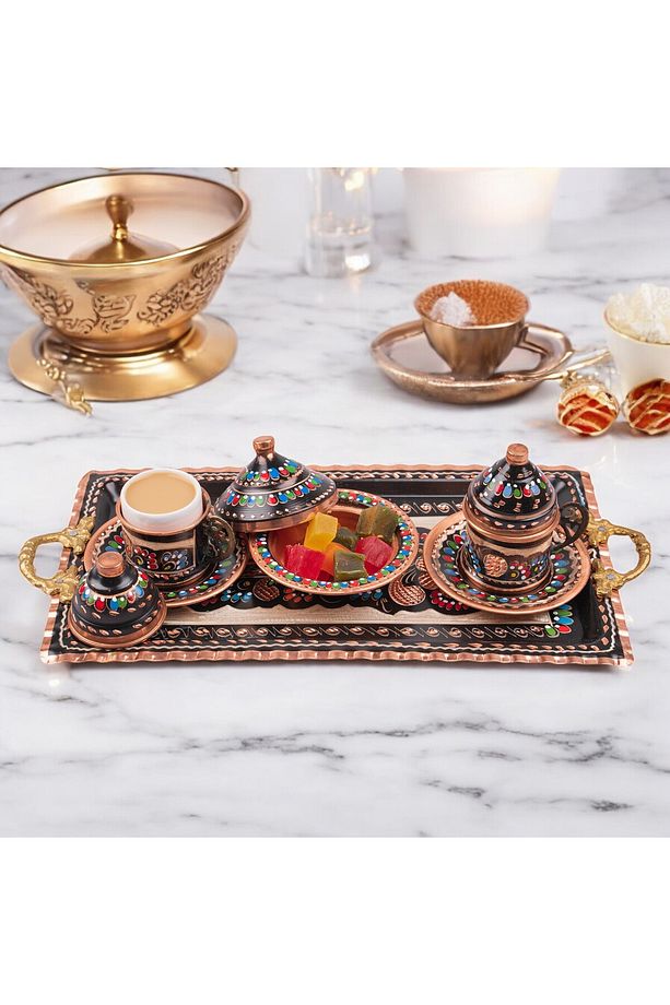 El İşçiliği Bakır Türk Kahve Seti 2 Kişilik İşlemeli Kahve Fincanı ve Tepsi Osmanlı Tarzı Hediyelik - 3
