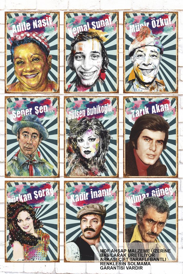 9 Piece Mixed Script Wooden Painting Set Greenwood Turkish Cinema Portraits Retro Wooden Poster Set