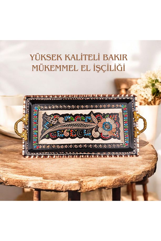 El İşçiliği Bakır Türk Kahve Seti 2 Kişilik İşlemeli Kahve Fincanı ve Tepsi Osmanlı Tarzı Hediyelik - 4