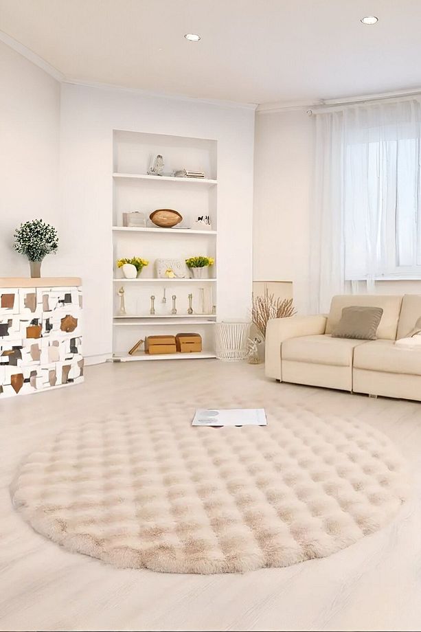 Bubble Yuvarlak Bej Uzun Tüylü Yumuşak Peluş Kaymaz Yıkanabilir Salon Oturma Odası Balkon Halısı - 1