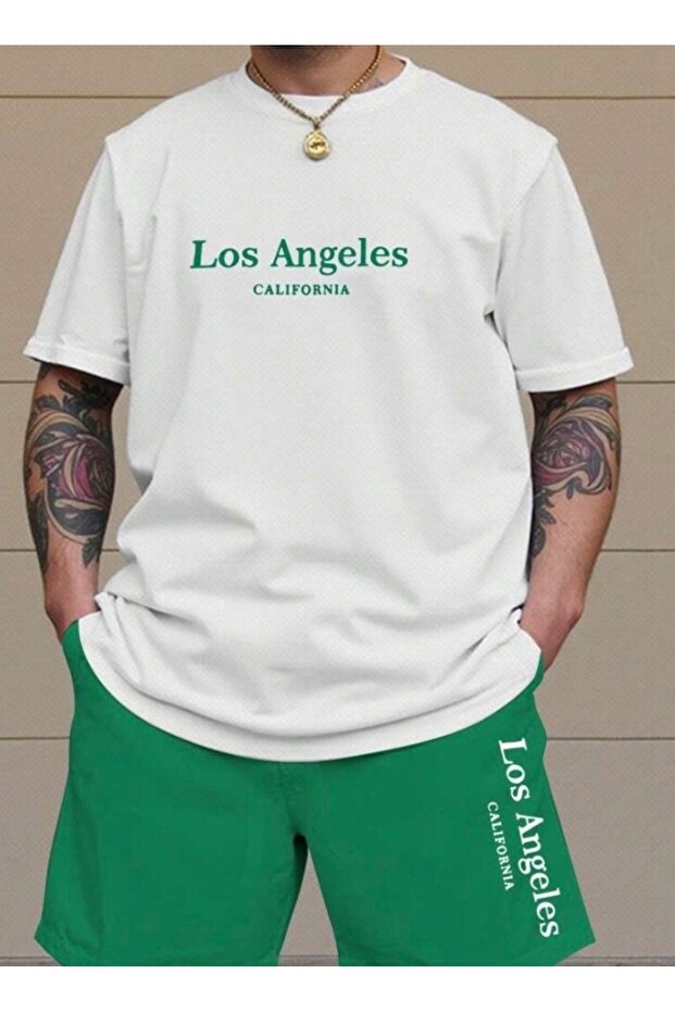 White Green Los Angeles Printed Shorts T-Shirt Set