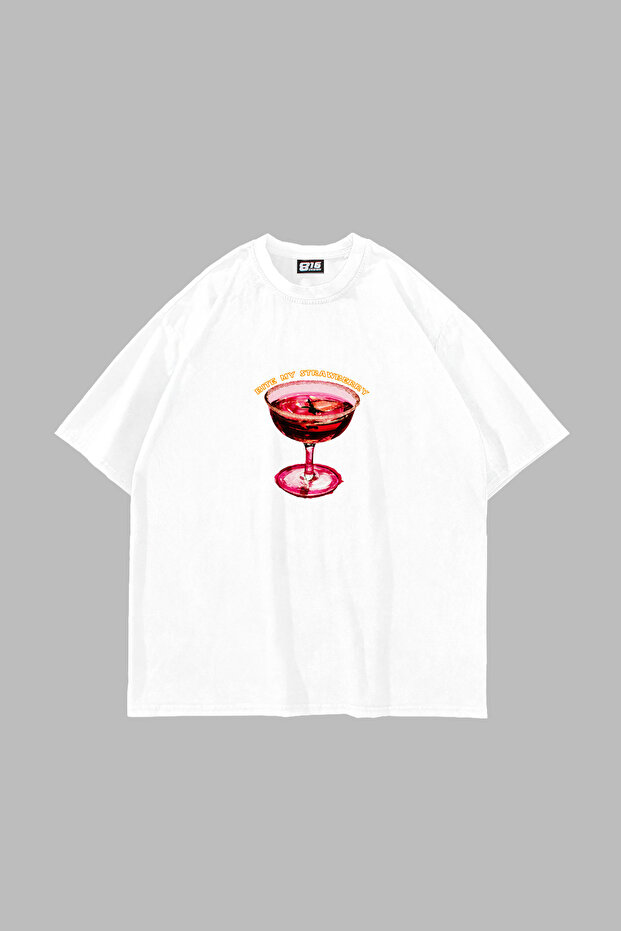 Bite My Strawberry Printed White Oversize Unisex Tshirt
