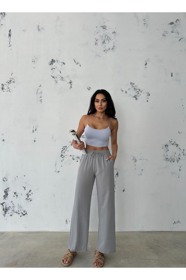 High Waist, Elastic Waist, Pocket Flared Linen Wide Leg Summer Gray Trousers