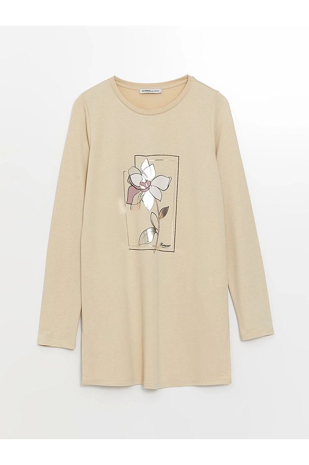 LCWAIKIKI Basic BEJ Bisiklet Yaka Baskılı Kadın Sweatshirt Tunik - 6