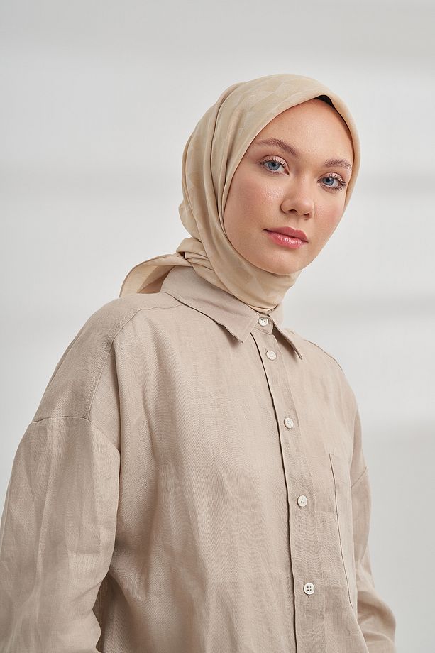 COTTON MONOGRAM GEOMETRİK DESEN EŞARP - BEJ - 3
