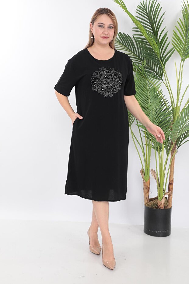 Önü Taş Nakış Detaylı Yazlık Krinkıl Elbise - 1