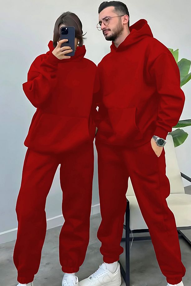 Kadın Erkek Trend Model Çiftlere Özel 3 Iplik Oversize Kışlık Kalın Eşofman Takımı (TEKLİ) - 3