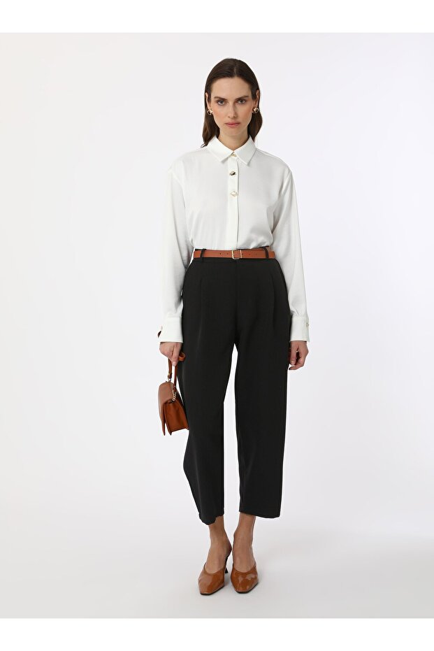 Basic Mold Belted High Waist Trousers - Black - Refka