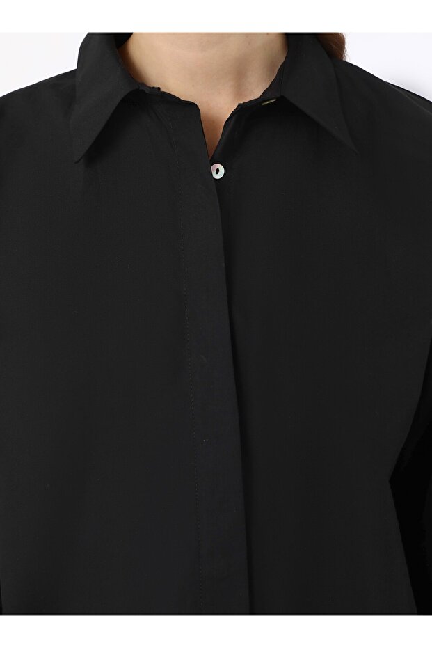 Geniş Manşetli Basic Poplin Gömlek - Siyah - Benin - 4