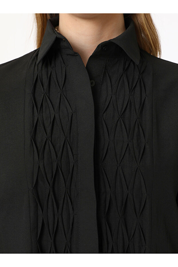 Nervür ve Yırtmaç Detaylı Poplin Tunik - Siyah - Refka - 4