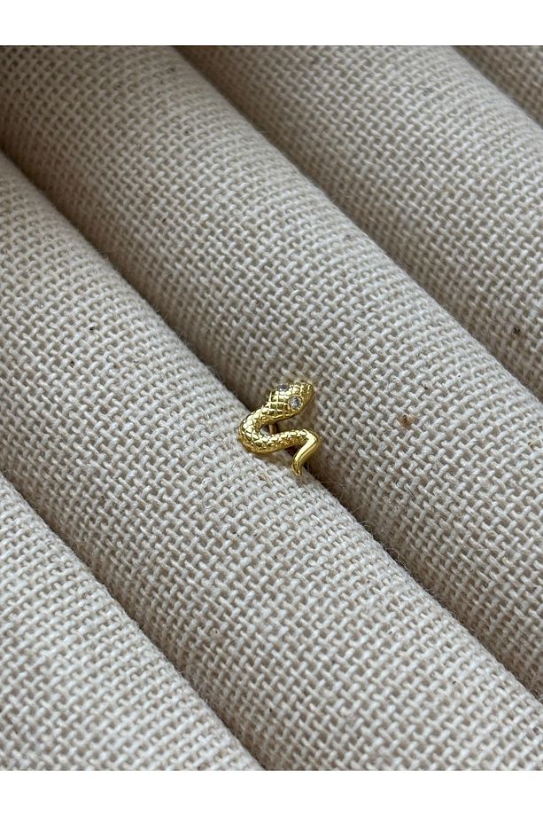 925 Gümüş Üzeri Dokulu Yılan Desenli Taşlı Minimal Piercing 6 mm Bar ve 7 mm Figür - 1