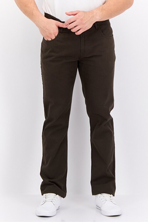 بنطال تشينو مطاطي سادة للرجال، زيتوني غامق - 1