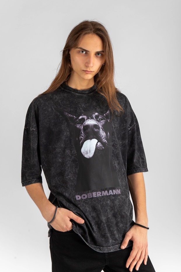Dobermann Baskılı Yıkamalı Oversize Unisex Tshirt - 4
