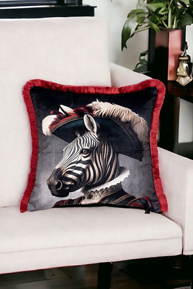 Zebra Patterned Luxury Decorative Animal Figured Fringed Avant-Garde Velvet Throw Pillow Cover Artistic Design