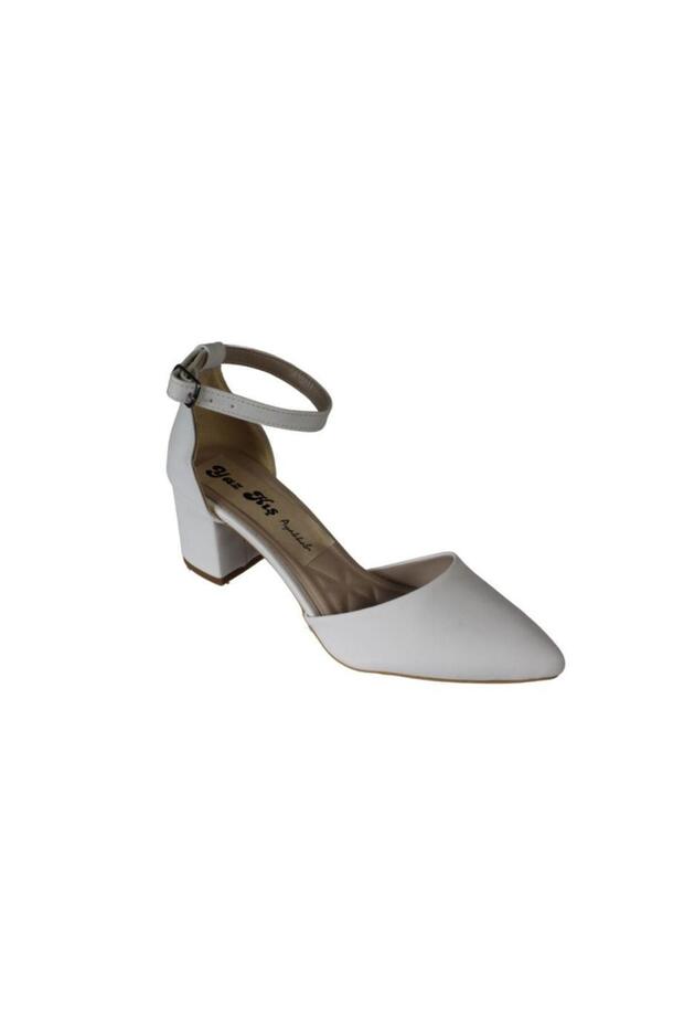 Yazkiş Women's White Silver Satin 5cm Thick Heel Sides Open Front and Back Closed Thick Heel Shoes