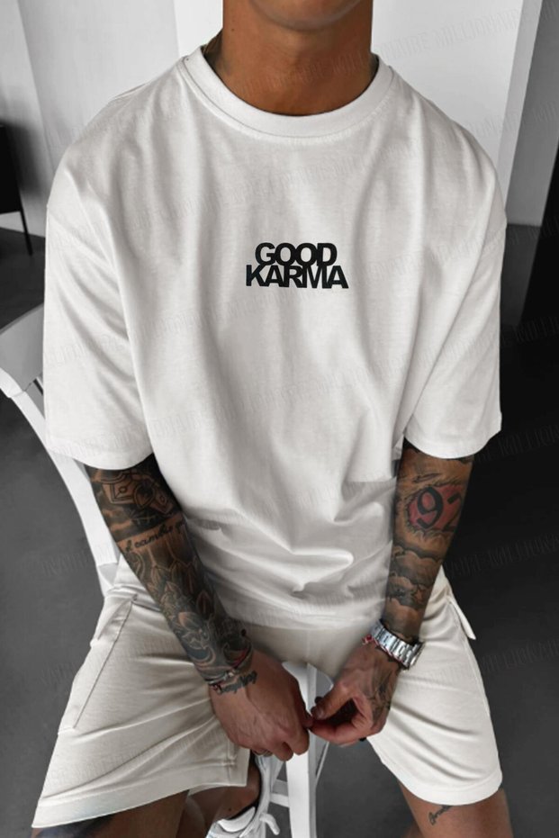 Men's Ecru White Good Karma Oversize Fit Loose Wide Fit Casual Cut Cotton T-Shirt