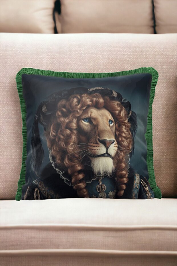 Lion Patterned Luxury Decorative Animal Figure Fringed Avant-Garde Velvet Throw Pillow Case Artistic Design